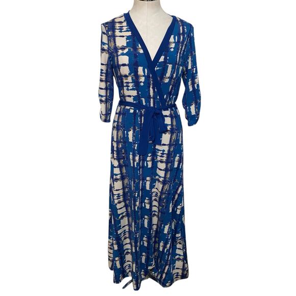 BLACK Saks Fifth Avenue Blue Tie Dye Print Surplice Faux Wrap Maxi Dress Size M - Picture 1 of 9